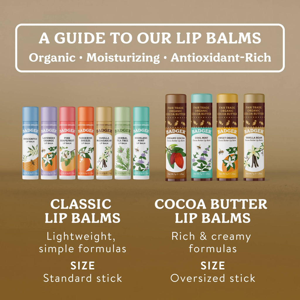 Badger Cocoa Butter Lip Balm, Creamy Cocoa, Hydrating 0.25oz Sticks