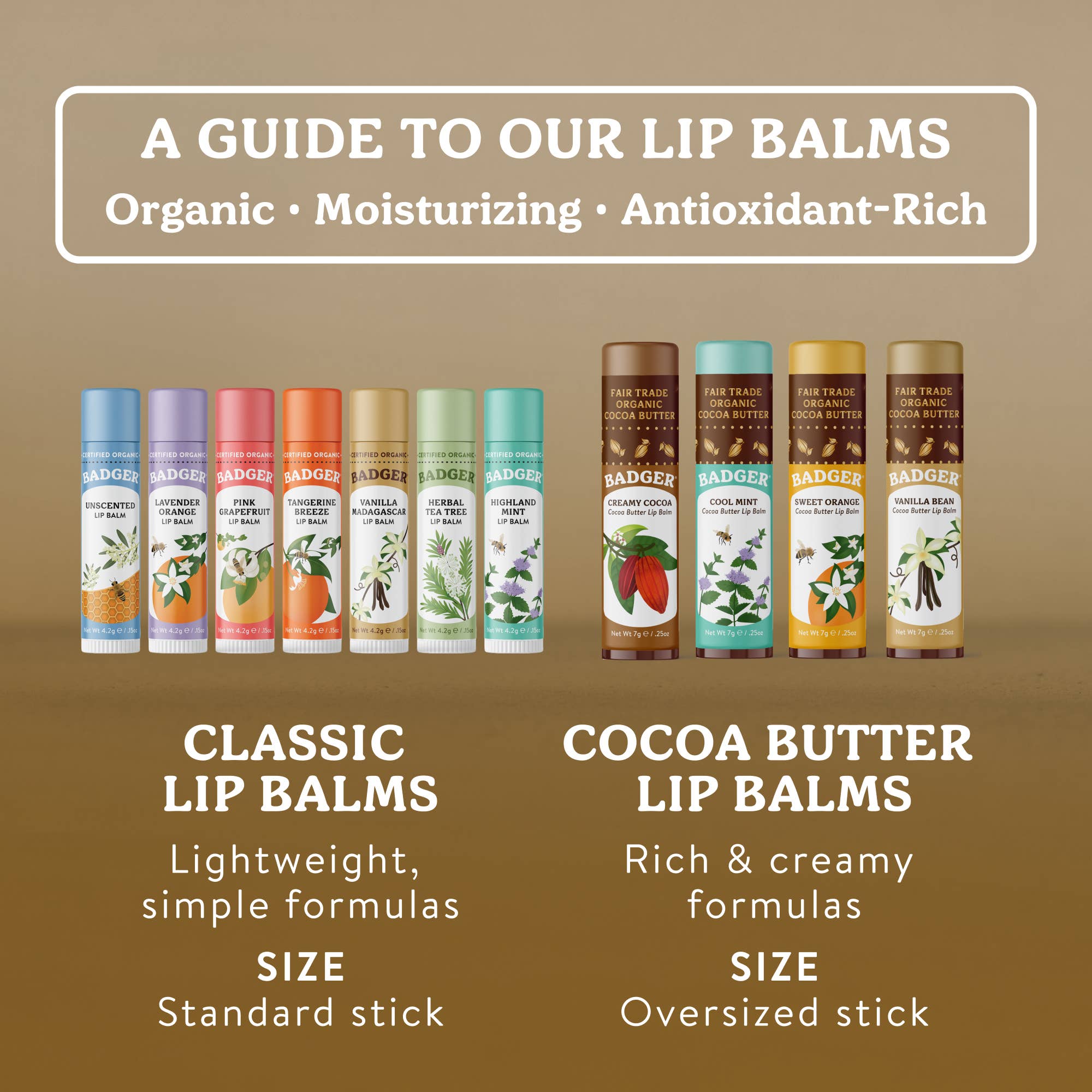 Badger Cocoa Butter Lip Balm, Creamy Cocoa, Hydrating 0.25oz Sticks