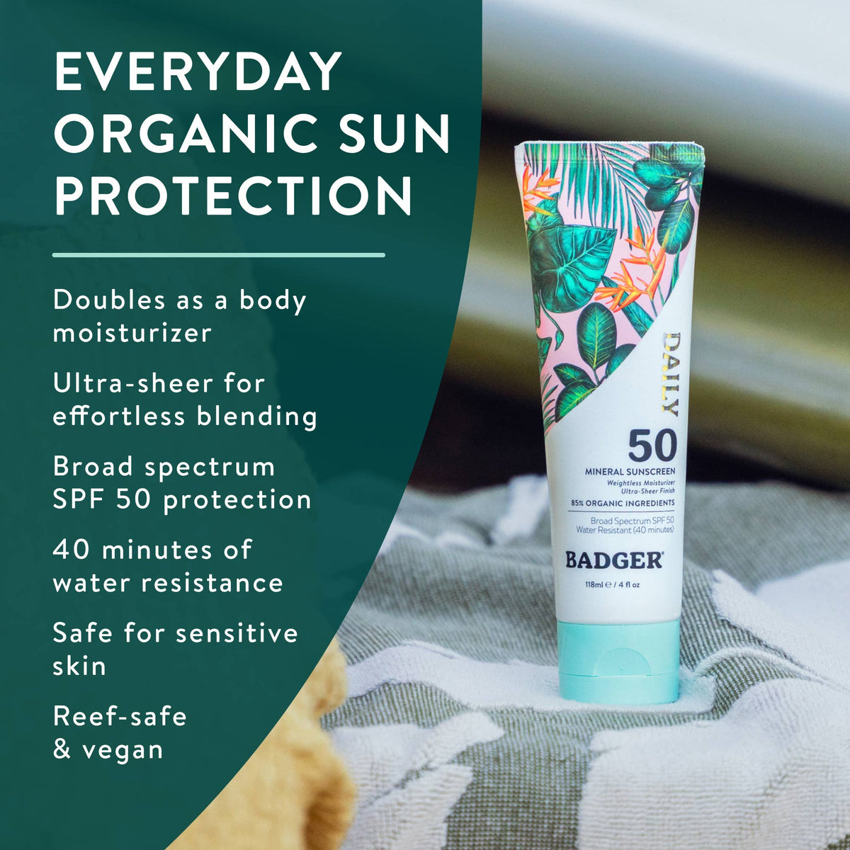 Badger Mineral Daily Sunscreen SPF 50, with Zinc Oxide: 4 fl oz tube