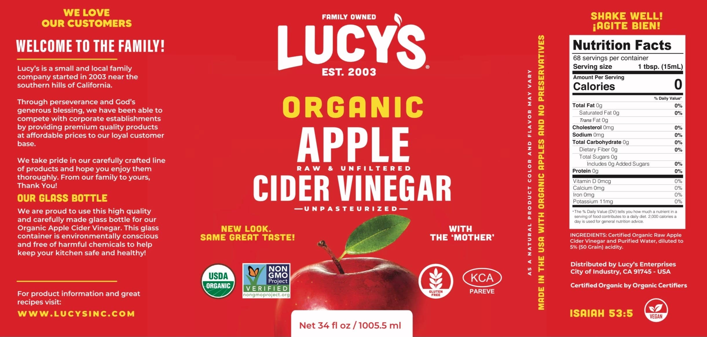 Lucy's Family Owned - Organic Apple Cider Vinegar 34oz.