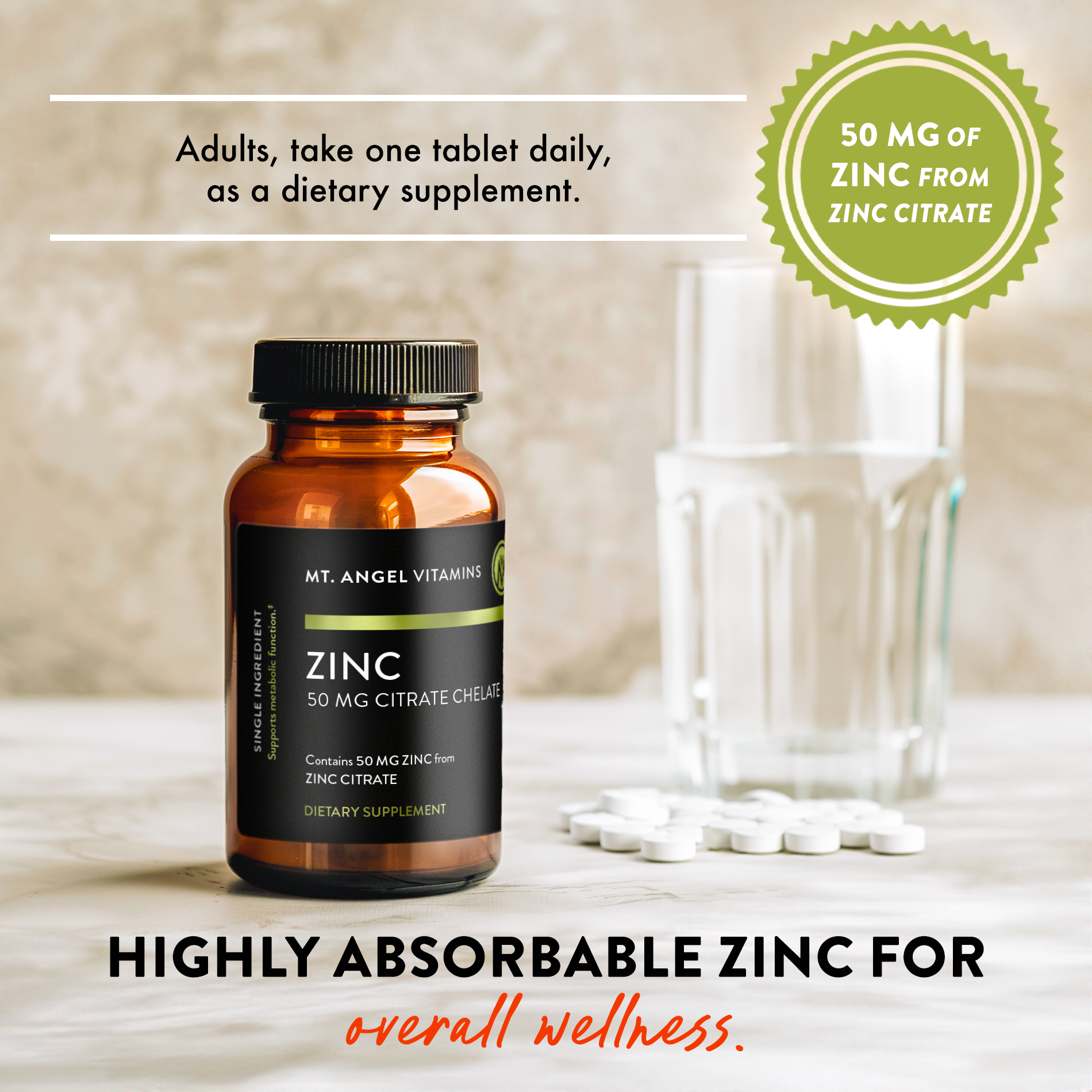 Mt. Angel Vitamins' Zinc Citrate Chelate 50mg - 60 Tablets