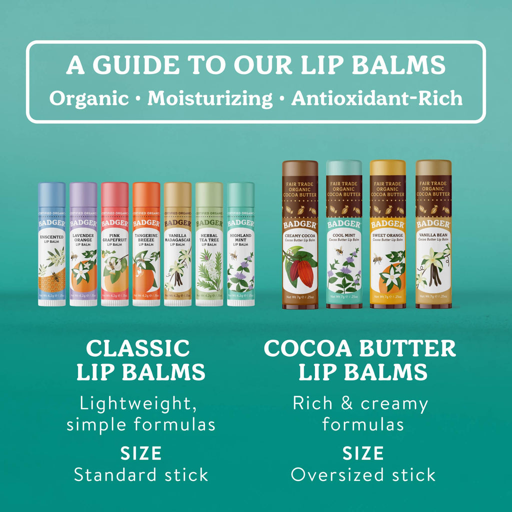 Badger Highland Mint Classic Lip Balm, Refreshing & Soothing: 0.15oz Sticks