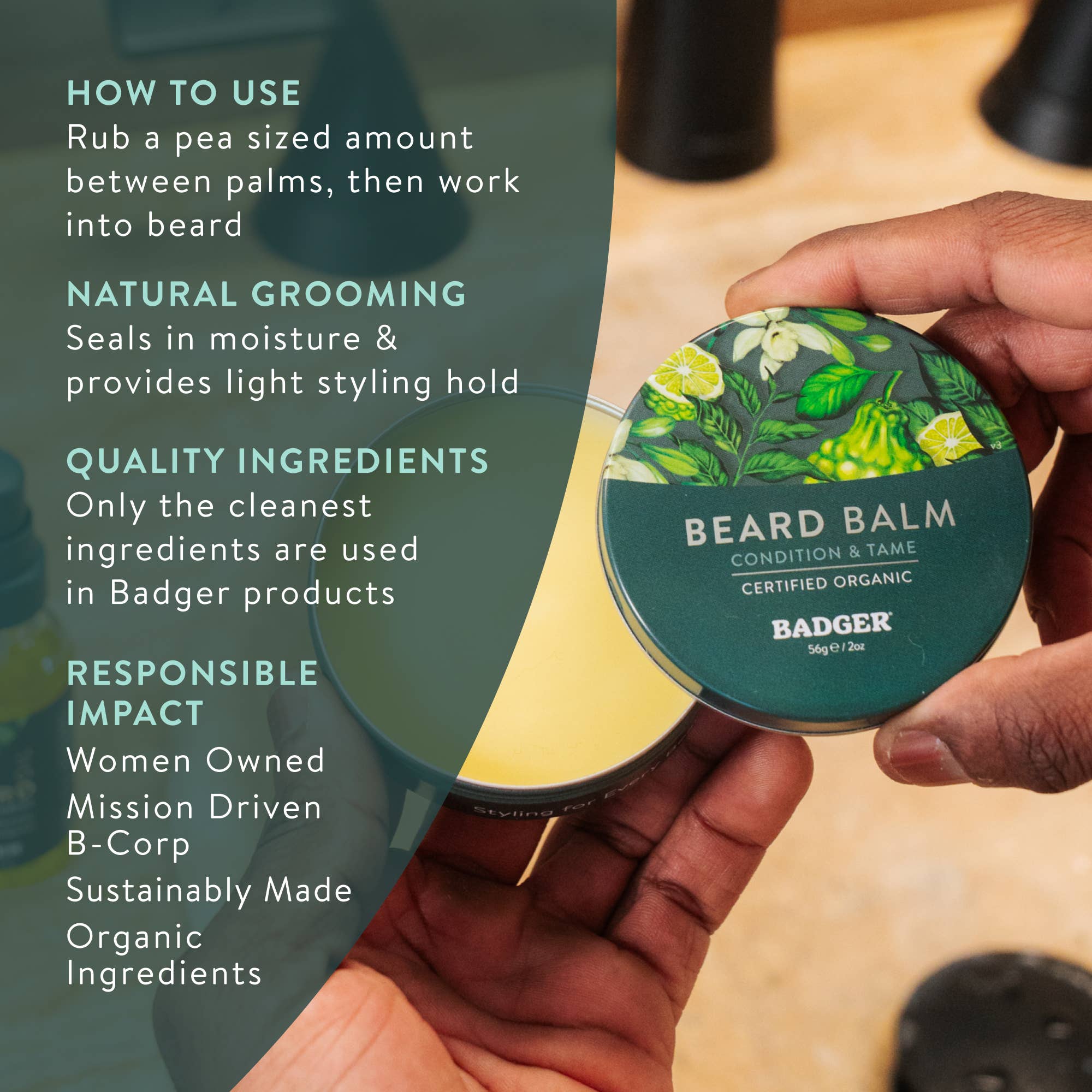 Beard Balm, Organic Facial Hair Styling Balm: 2 oz Tin
