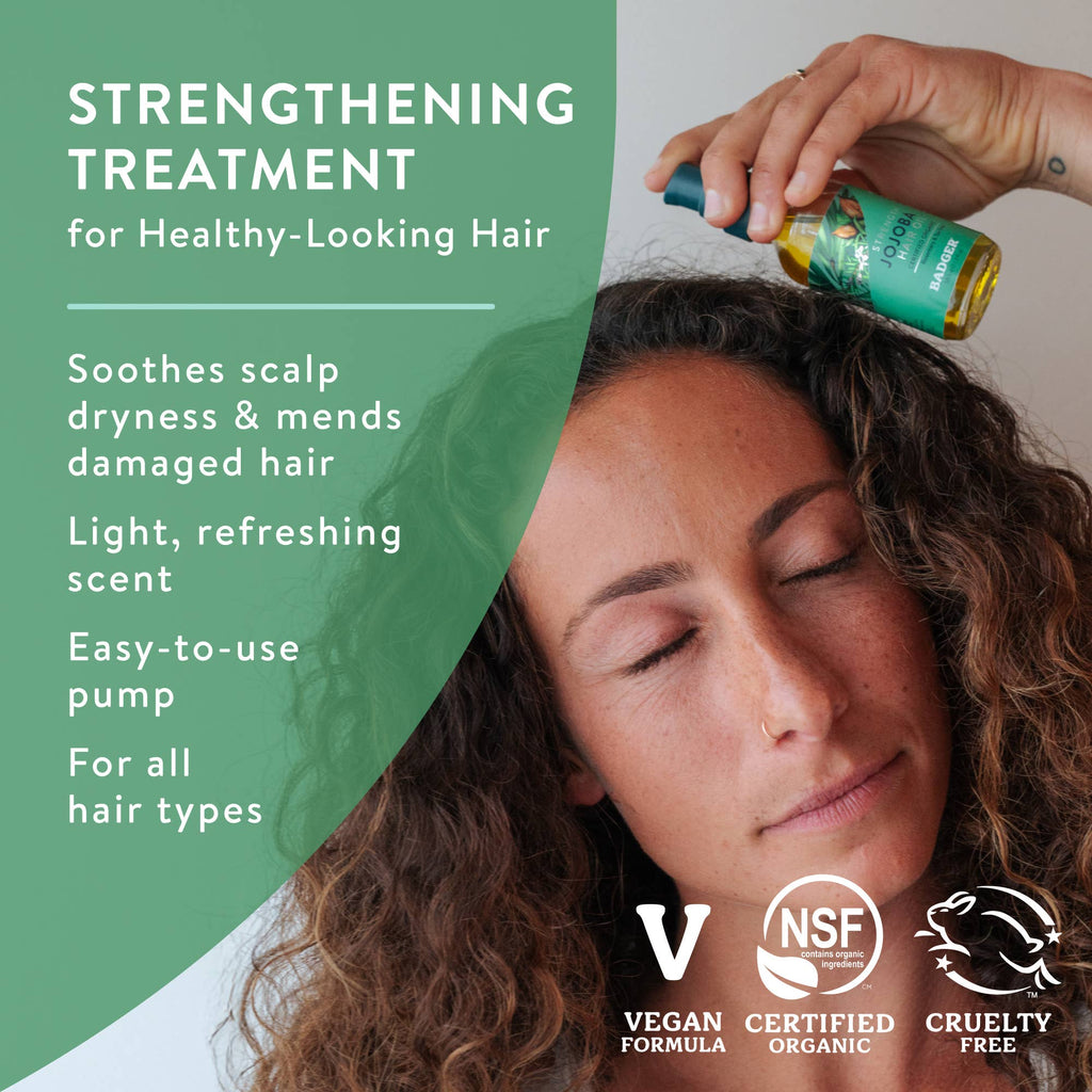 Badger Jojoba Hair Oil, Soothing & Moisturizing Scalp Oil: 2 fl oz Glass Bottle