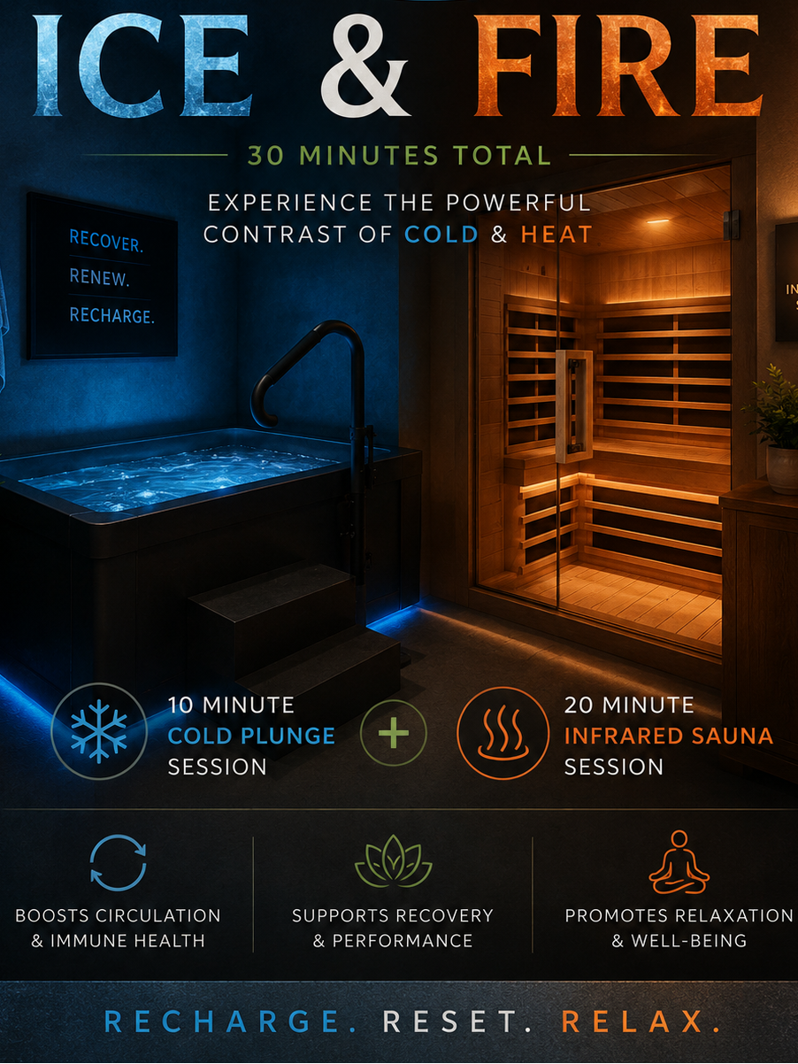Advertisement for Living Bliss Wellness Boutique's Ice & Fire experience with hot tub and infrared sauna.