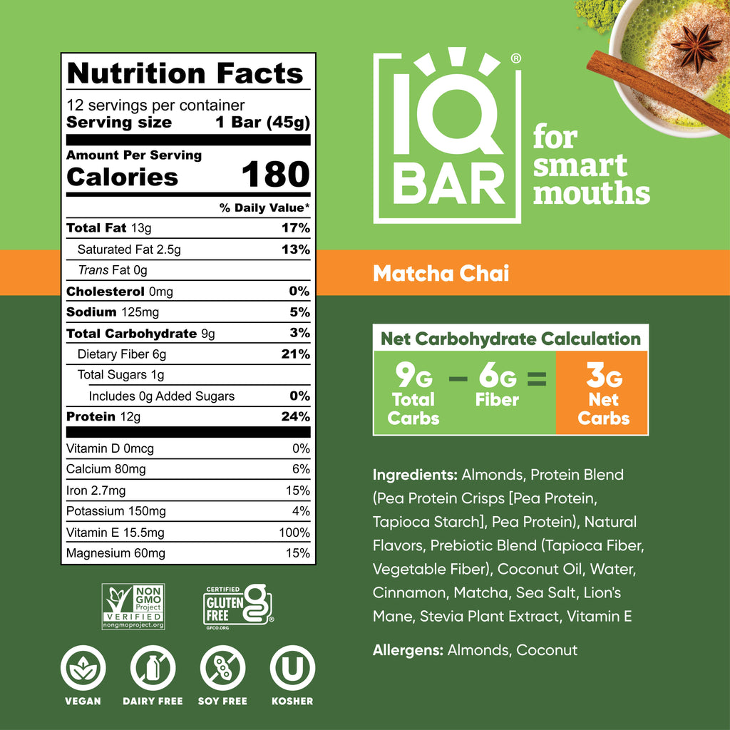 IQBAR Matcha Chai | Brain + Body Keto Protein Bars