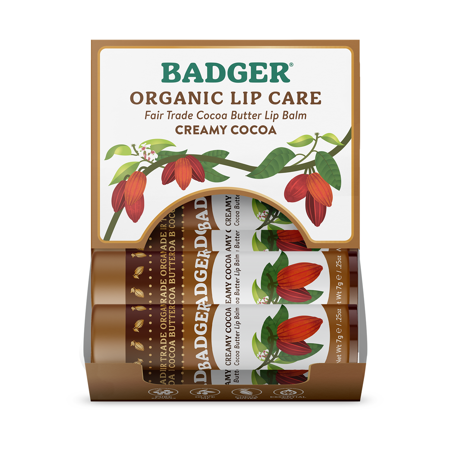 Badger Cocoa Butter Lip Balm, Creamy Cocoa, Hydrating 0.25oz Sticks
