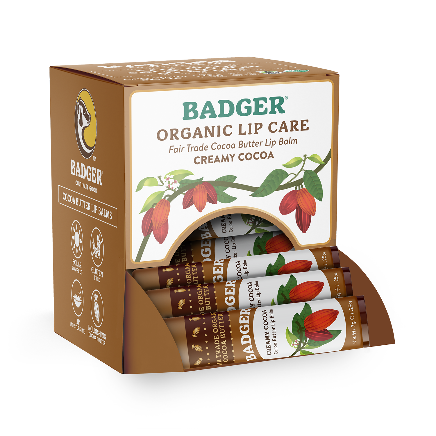 Badger Cocoa Butter Lip Balm, Creamy Cocoa, Hydrating 0.25oz Sticks