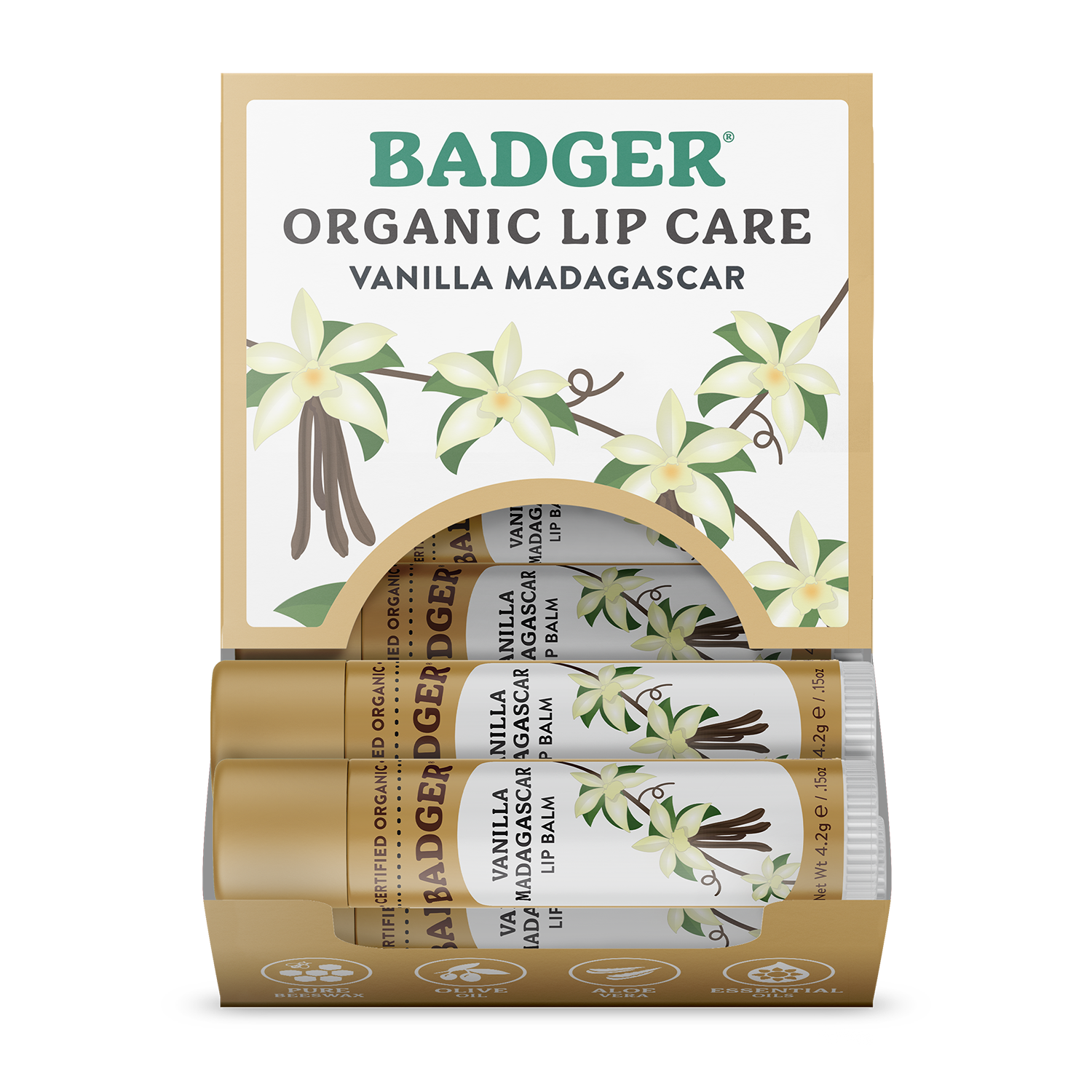 Badger Vanilla Madagascar Classic Lip Balm Soothing Lip Care: 0.15oz Sticks