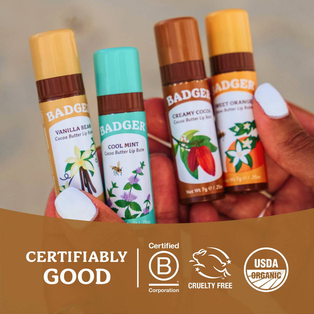 Badger Cocoa Butter Lip Balm, Creamy Cocoa, Hydrating 0.25oz Sticks